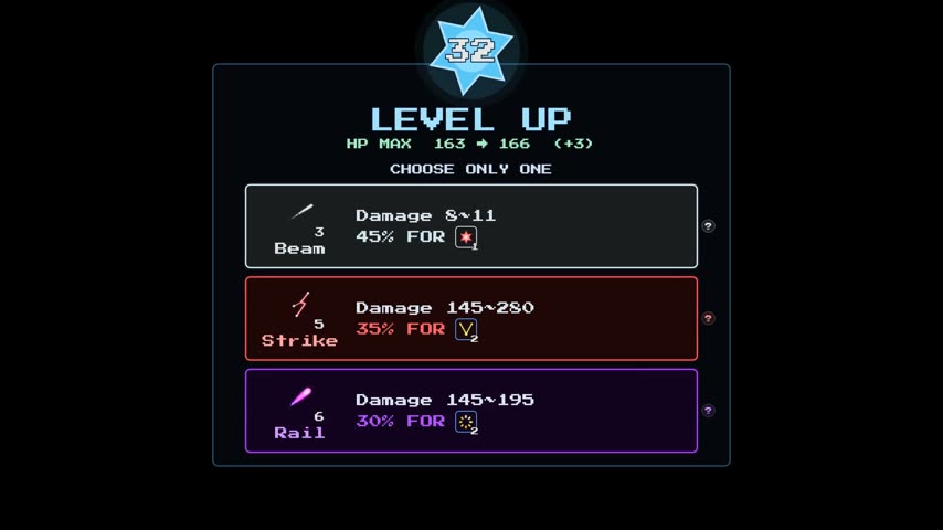 The three-card level-up panel